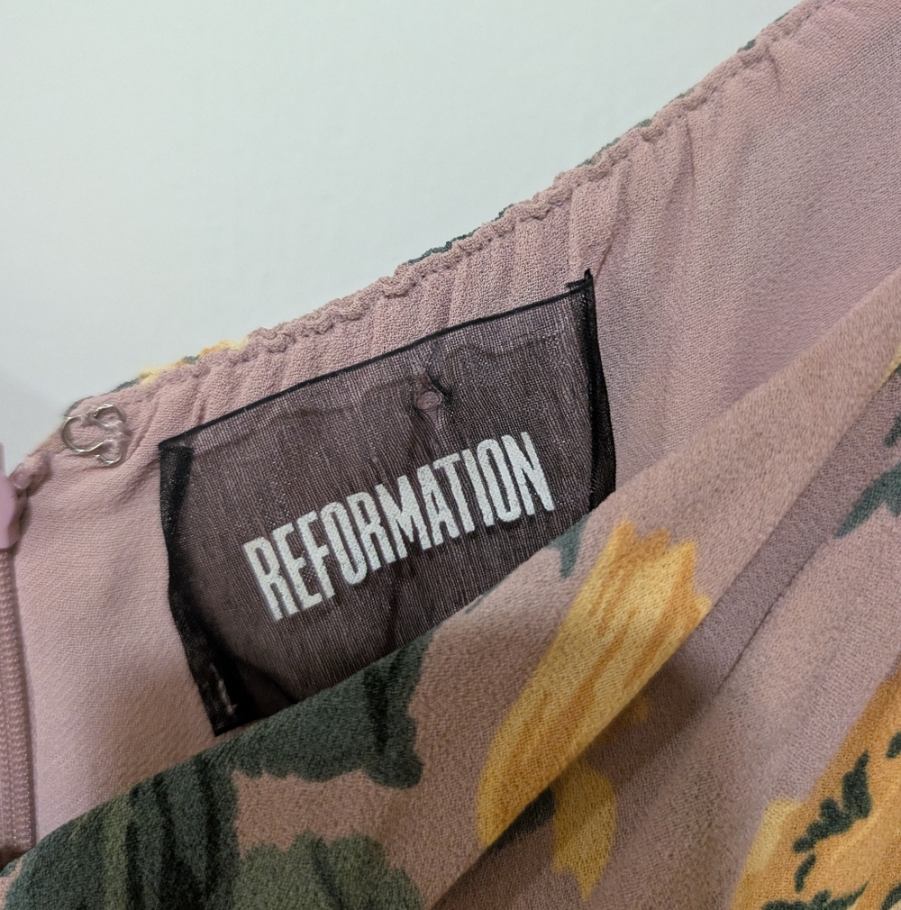 Reformation Pink Off-Shoulder Midi Dress with Yellow Floral Print - Picture 6 of 16